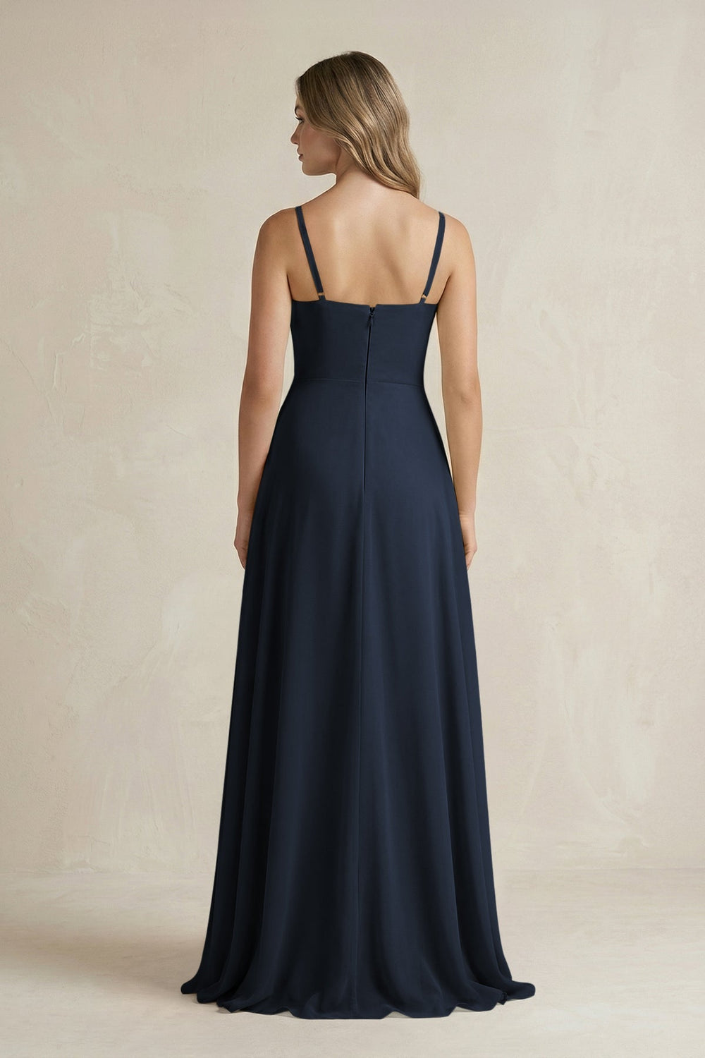 Spaghetti Strap Ruffled A - Line Chiffon Bridesmaid Dress in Dark Navy - KissProm Bridesmaid Dresses