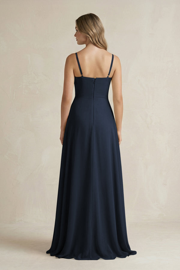 Spaghetti Strap Ruffled A - Line Chiffon Bridesmaid Dress in Dark Navy - KissProm Bridesmaid Dresses