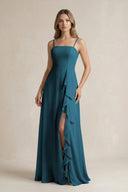 Spaghetti Strap Ruffled A - Line Chiffon Bridesmaid Dress in Dark Teal - KissProm Bridesmaid Dresses