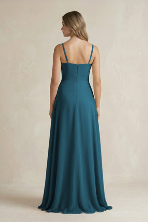 Spaghetti Strap Ruffled A - Line Chiffon Bridesmaid Dress in Dark Teal - KissProm Bridesmaid Dresses