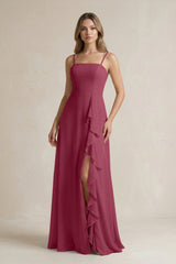 Spaghetti Strap Ruffled A - Line Chiffon Bridesmaid Dress in Desert Rose - KissProm Bridesmaid Dresses