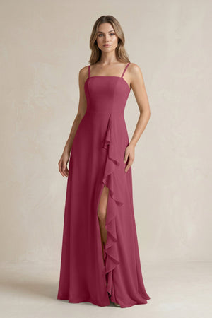 Spaghetti Strap Ruffled A - Line Chiffon Bridesmaid Dress in Desert Rose - KissProm Bridesmaid Dresses