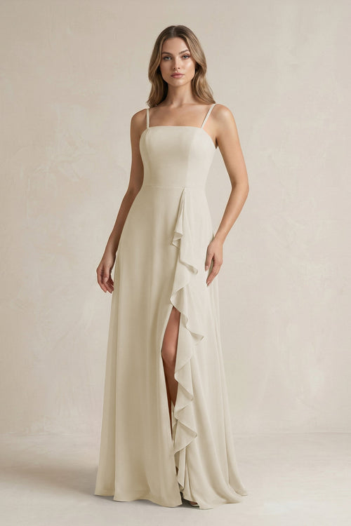 KissProm Spaghetti Strap Ruffled A-Line Chiffon Bridesmaid Dress in Dove Gray, Dove Gray / 14