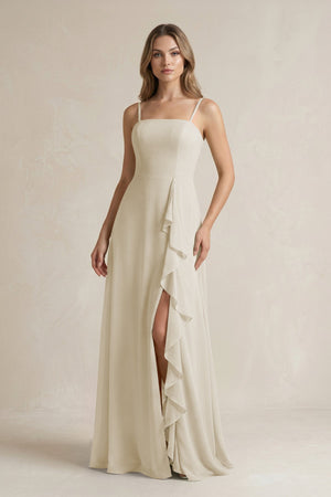 Spaghetti Strap Ruffled A - Line Chiffon Bridesmaid Dress in Dove Gray - KissProm Bridesmaid Dresses