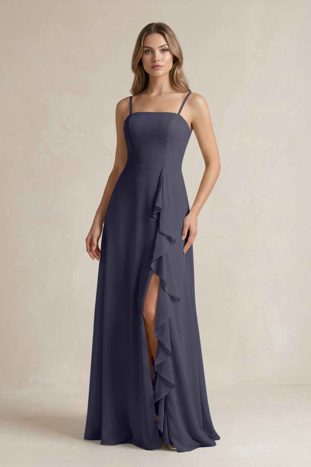 Spaghetti Strap Ruffled A - Line Chiffon Bridesmaid Dress in Dusk Blue - KissProm Bridesmaid Dresses