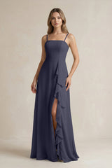 Spaghetti Strap Ruffled A - Line Chiffon Bridesmaid Dress in Dusk Blue - KissProm Bridesmaid Dresses