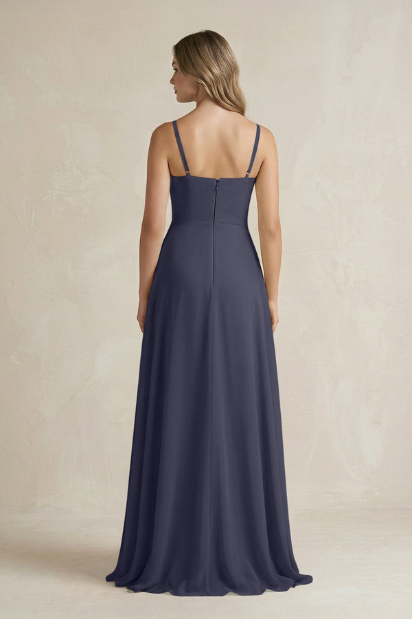 Spaghetti Strap Ruffled A - Line Chiffon Bridesmaid Dress in Dusk Blue - KissProm Bridesmaid Dresses