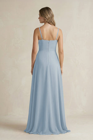 Spaghetti Strap Ruffled A - Line Chiffon Bridesmaid Dress in Dusty Blue - KissProm Bridesmaid Dresses