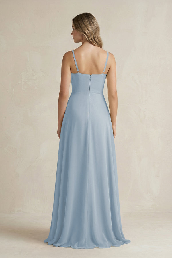 Spaghetti Strap Ruffled A - Line Chiffon Bridesmaid Dress in Dusty Blue - KissProm Bridesmaid Dresses