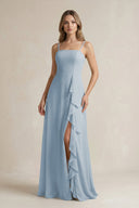 Spaghetti Strap Ruffled A - Line Chiffon Bridesmaid Dress in Dusty Blue - KissProm Bridesmaid Dresses