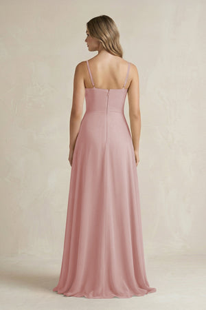 Spaghetti Strap Ruffled A - Line Chiffon Bridesmaid Dress in Dusty Rose - KissProm Bridesmaid Dresses