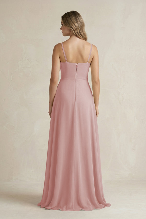 Spaghetti Strap Ruffled A - Line Chiffon Bridesmaid Dress in Dusty Rose - KissProm Bridesmaid Dresses