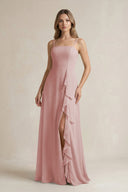Spaghetti Strap Ruffled A - Line Chiffon Bridesmaid Dress in Dusty Rose - KissProm Bridesmaid Dresses
