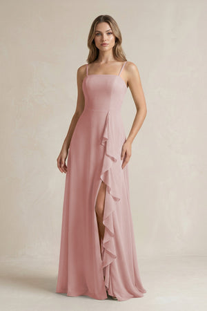 Spaghetti Strap Ruffled A - Line Chiffon Bridesmaid Dress in Dusty Rose - KissProm Bridesmaid Dresses