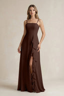Spaghetti Strap Ruffled A - Line Chiffon Bridesmaid Dress in Espresso - KissProm Bridesmaid Dresses