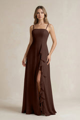 Spaghetti Strap Ruffled A - Line Chiffon Bridesmaid Dress in Espresso - KissProm Bridesmaid Dresses