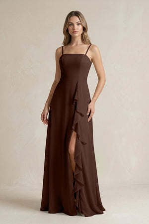 Spaghetti Strap Ruffled A - Line Chiffon Bridesmaid Dress in Espresso - KissProm Bridesmaid Dresses