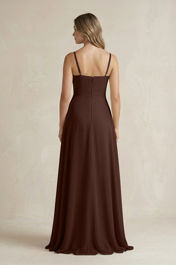 Spaghetti Strap Ruffled A - Line Chiffon Bridesmaid Dress in Espresso - KissProm Bridesmaid Dresses