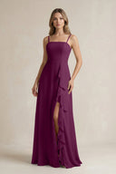 Spaghetti Strap Ruffled A - Line Chiffon Bridesmaid Dress in Fig - KissProm Bridesmaid Dresses