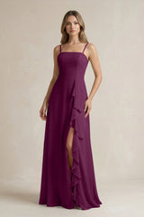 Spaghetti Strap Ruffled A - Line Chiffon Bridesmaid Dress in Fig - KissProm Bridesmaid Dresses