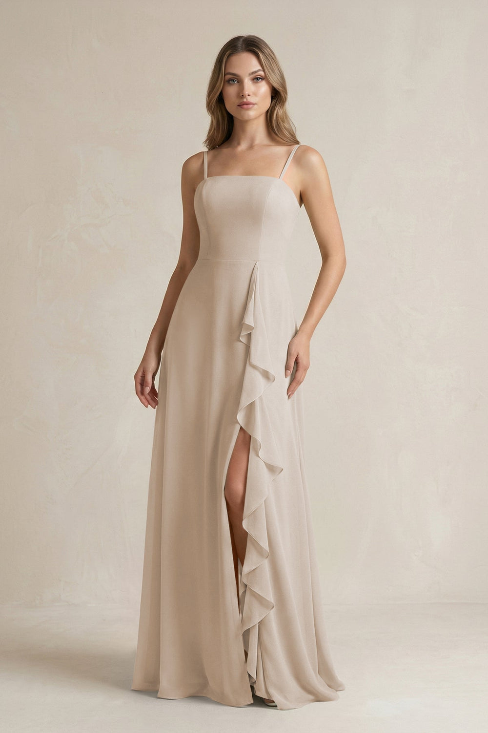 Spaghetti Strap Ruffled A - Line Chiffon Bridesmaid Dress in Frost - KissProm Bridesmaid Dresses