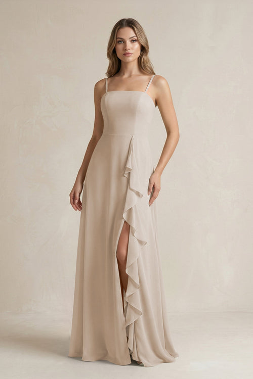 Spaghetti Strap Ruffled A - Line Chiffon Bridesmaid Dress in Frost - KissProm Bridesmaid Dresses