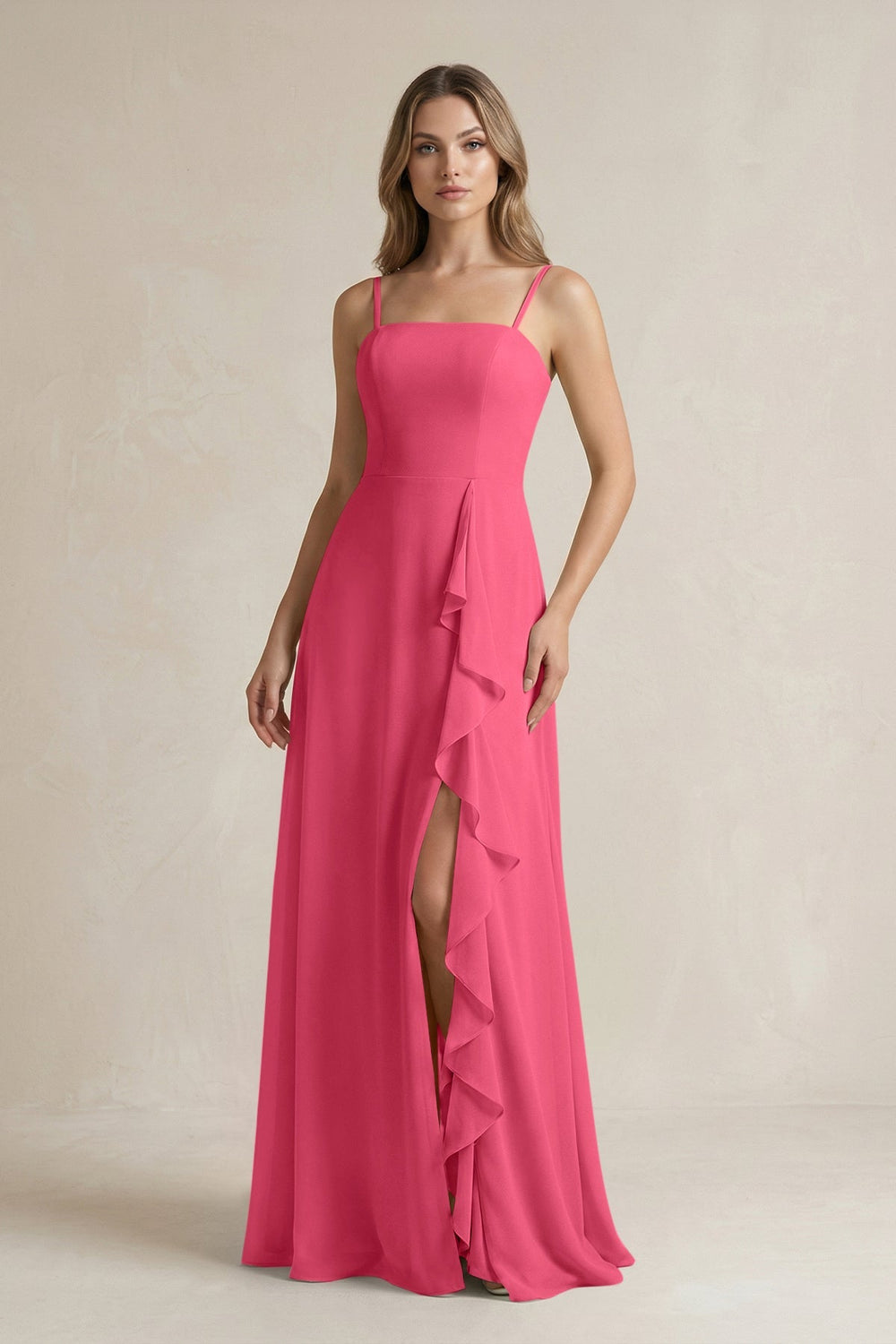 Spaghetti Strap Ruffled A - Line Chiffon Bridesmaid Dress in Fuchsia - KissProm Bridesmaid Dresses