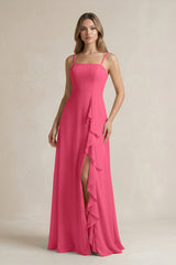 Spaghetti Strap Ruffled A - Line Chiffon Bridesmaid Dress in Fuchsia - KissProm Bridesmaid Dresses