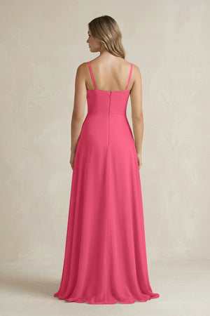 Spaghetti Strap Ruffled A - Line Chiffon Bridesmaid Dress in Fuchsia - KissProm Bridesmaid Dresses