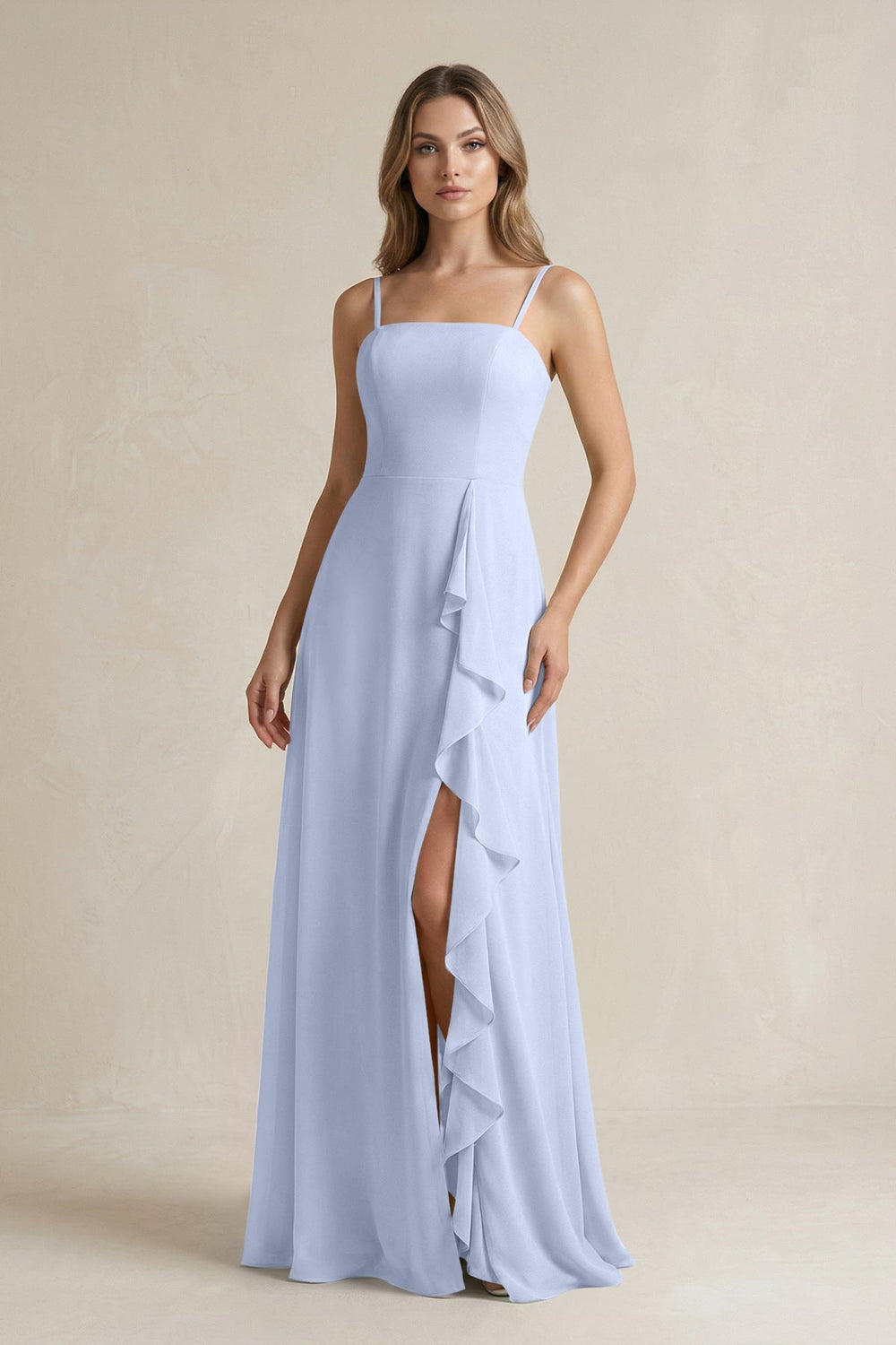 Spaghetti Strap Ruffled A - Line Chiffon Bridesmaid Dress in Ice - KissProm Bridesmaid Dresses