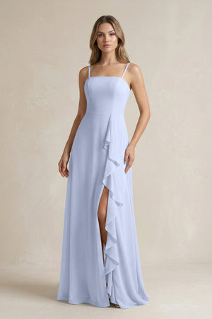 Spaghetti Strap Ruffled A - Line Chiffon Bridesmaid Dress in Ice - KissProm Bridesmaid Dresses