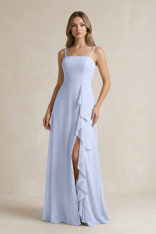 Spaghetti Strap Ruffled A - Line Chiffon Bridesmaid Dress in Ice - KissProm Bridesmaid Dresses