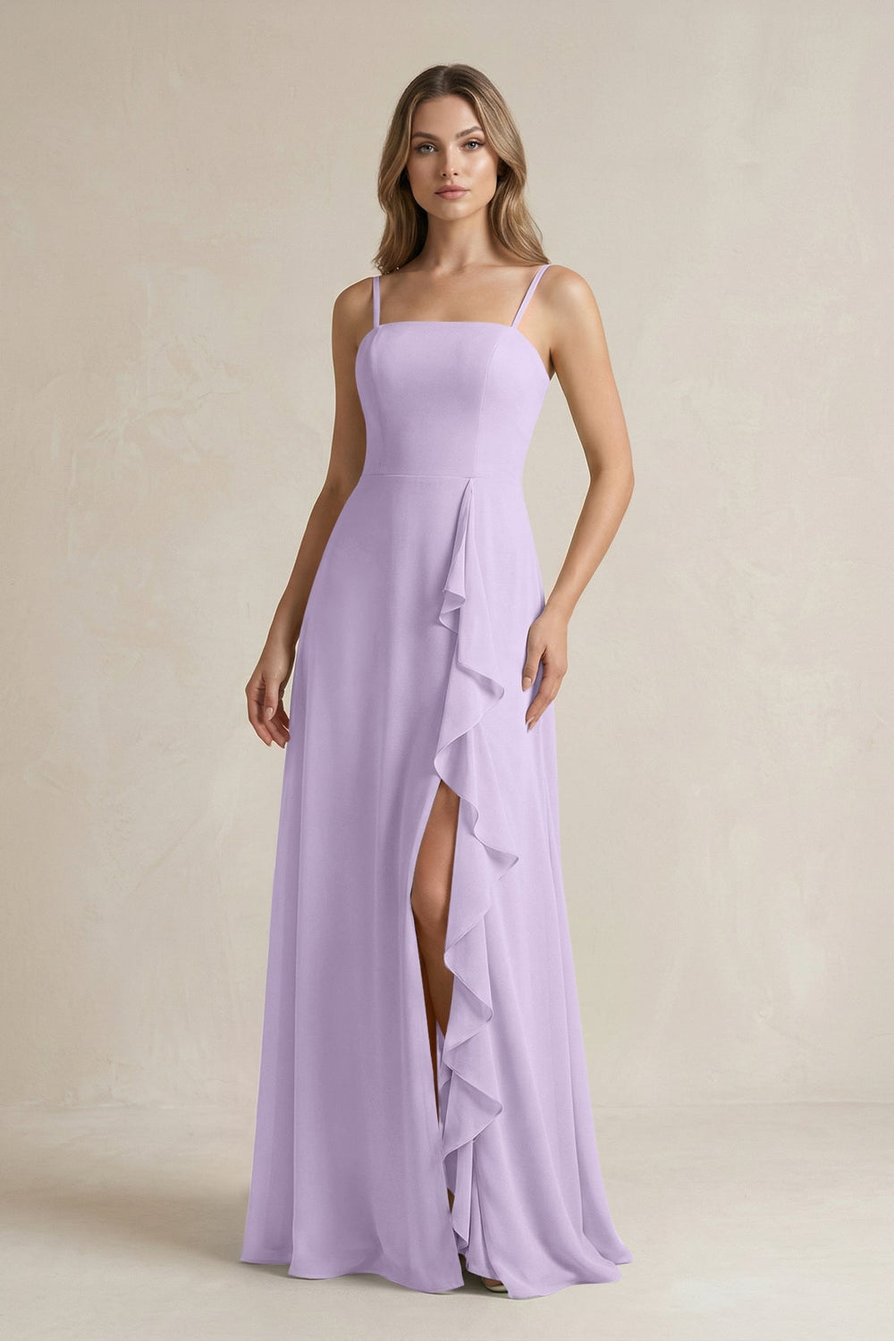 Spaghetti Strap Ruffled A - Line Chiffon Bridesmaid Dress in Lavender - KissProm Bridesmaid Dresses