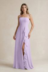 Spaghetti Strap Ruffled A - Line Chiffon Bridesmaid Dress in Lavender - KissProm Bridesmaid Dresses