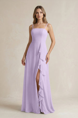 Spaghetti Strap Ruffled A - Line Chiffon Bridesmaid Dress in Lavender - KissProm Bridesmaid Dresses