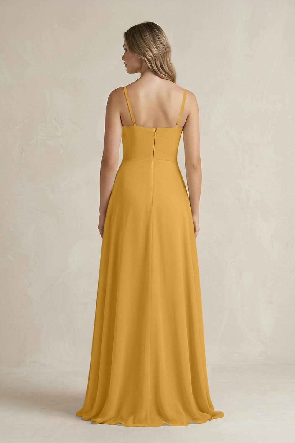 Spaghetti Strap Ruffled A - Line Chiffon Bridesmaid Dress in Marigold - KissProm Bridesmaid Dresses