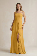 Spaghetti Strap Ruffled A - Line Chiffon Bridesmaid Dress in Marigold - KissProm Bridesmaid Dresses