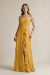 Spaghetti Strap Ruffled A - Line Chiffon Bridesmaid Dress in Marigold - KissProm Bridesmaid Dresses