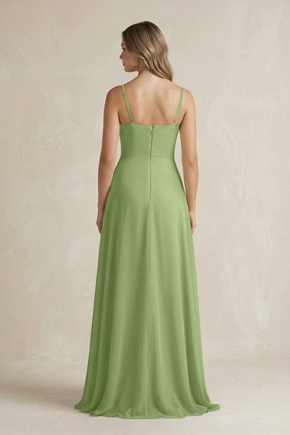 Spaghetti Strap Ruffled A - Line Chiffon Bridesmaid Dress in Matcha - KissProm Bridesmaid Dresses