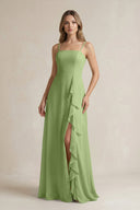 Spaghetti Strap Ruffled A - Line Chiffon Bridesmaid Dress in Matcha - KissProm Bridesmaid Dresses