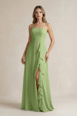 Spaghetti Strap Ruffled A - Line Chiffon Bridesmaid Dress in Matcha - KissProm Bridesmaid Dresses