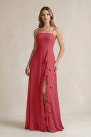 Spaghetti Strap Ruffled A - Line Chiffon Bridesmaid Dress in Merlot - KissProm Bridesmaid Dresses