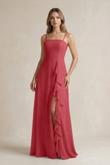 Spaghetti Strap Ruffled A - Line Chiffon Bridesmaid Dress in Merlot - KissProm Bridesmaid Dresses