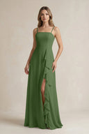 Spaghetti Strap Ruffled A - Line Chiffon Bridesmaid Dress in Moss - KissProm Bridesmaid Dresses