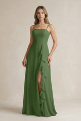 Spaghetti Strap Ruffled A - Line Chiffon Bridesmaid Dress in Moss - KissProm Bridesmaid Dresses