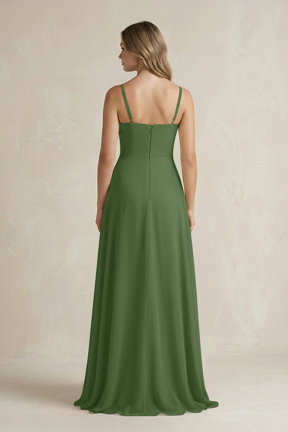 Spaghetti Strap Ruffled A - Line Chiffon Bridesmaid Dress in Moss - KissProm Bridesmaid Dresses