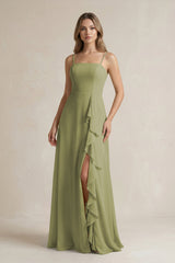 Spaghetti Strap Ruffled A - Line Chiffon Bridesmaid Dress in Moss Green - KissProm Bridesmaid Dresses