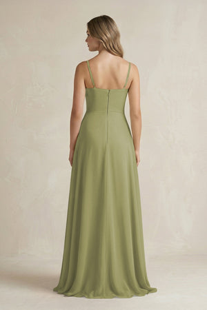 Spaghetti Strap Ruffled A - Line Chiffon Bridesmaid Dress in Moss Green - KissProm Bridesmaid Dresses