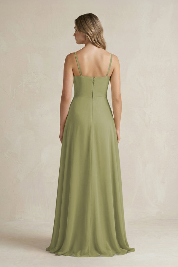 Spaghetti Strap Ruffled A - Line Chiffon Bridesmaid Dress in Moss Green - KissProm Bridesmaid Dresses
