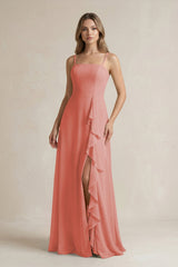 Spaghetti Strap Ruffled A - Line Chiffon Bridesmaid Dress in Mulberry - KissProm Bridesmaid Dresses